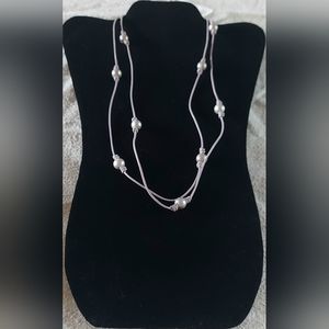 Handmade Silver Pearl & Light Purple Leather Necklace